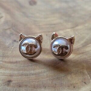 Authentic CC Logo Upcycled Faux Pearl Gold Tone Cat Ears Pierced Earrings